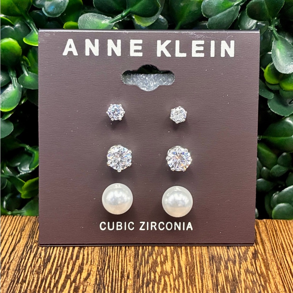 Anne Klein Silver and Pearl Cubic Zirconia Earrings